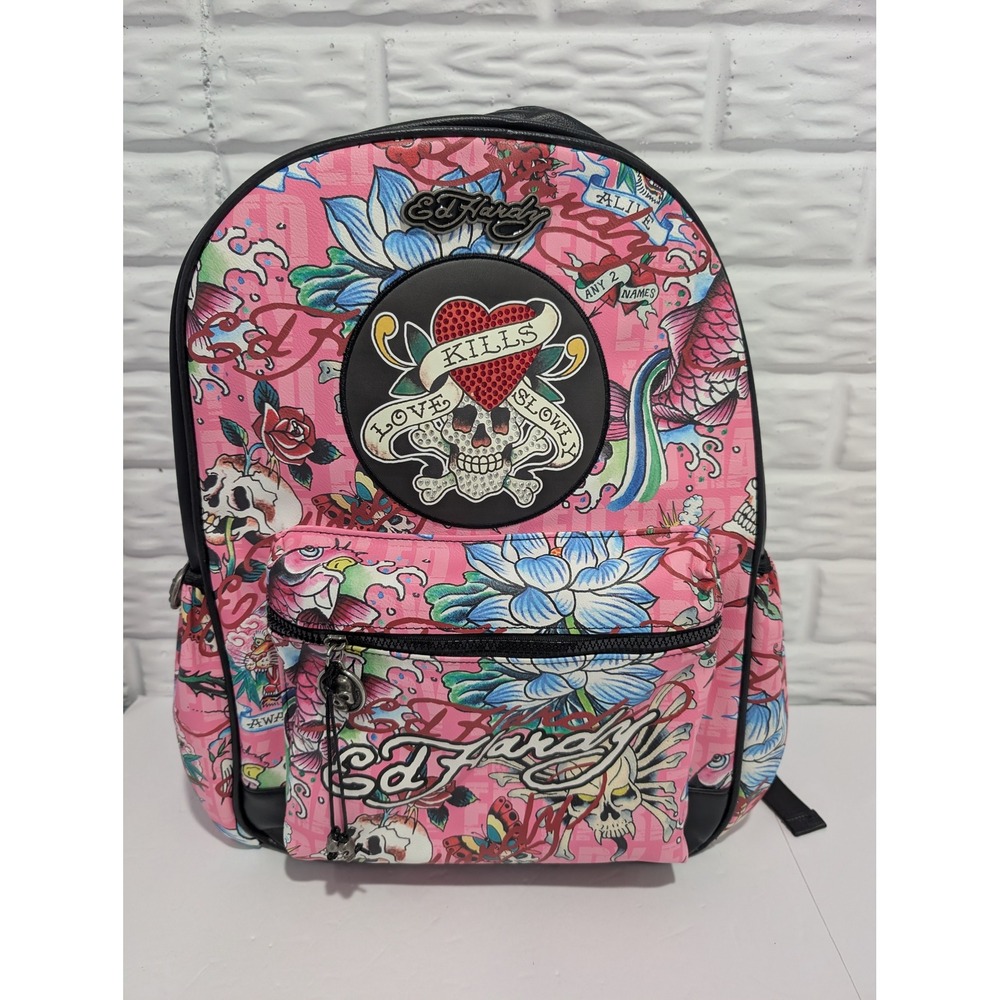 Ed Hardy Love Kills Slowly Pink Tattoo Print Backpack Y2K Rhinestone Skull Bag